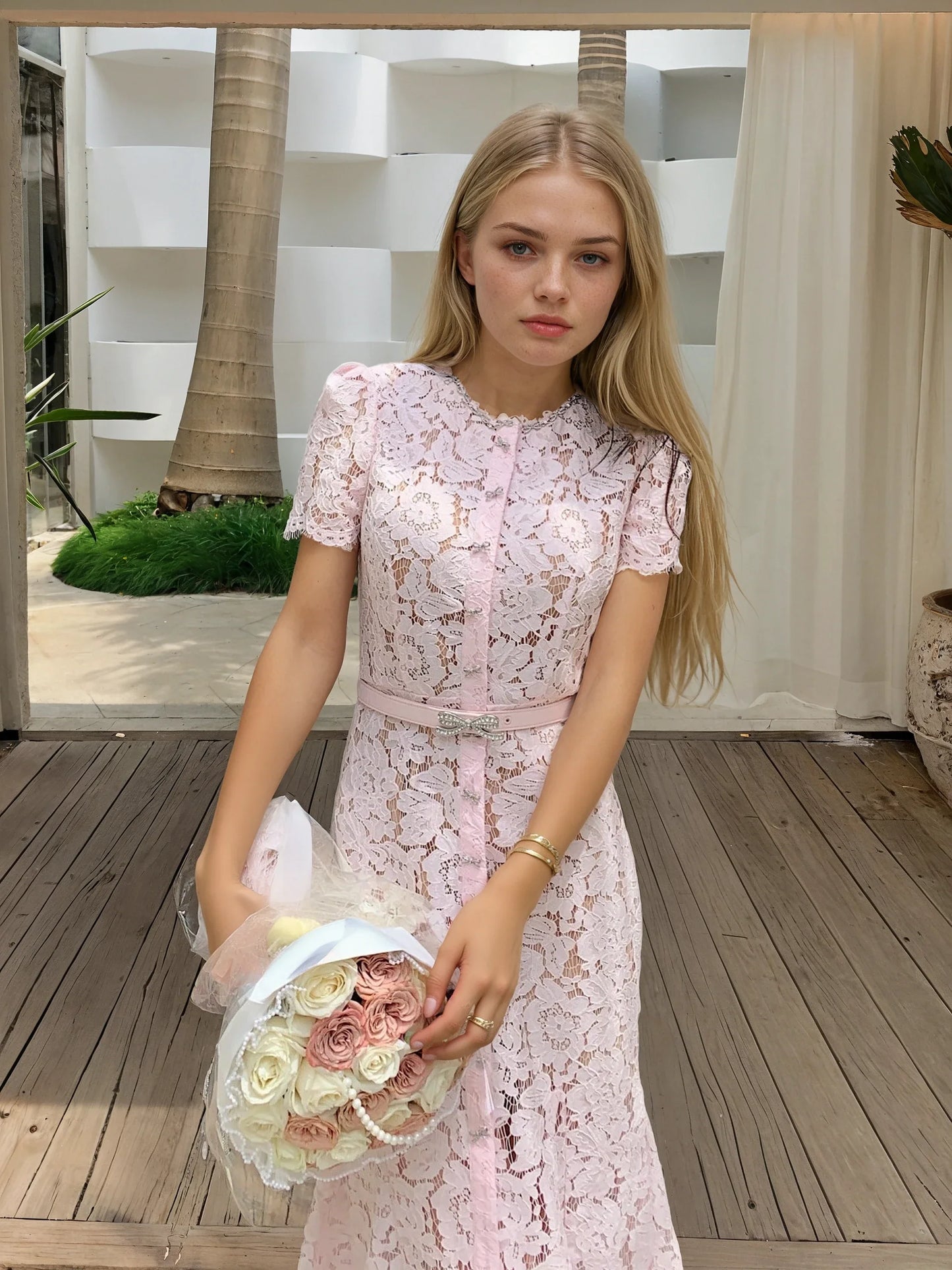 Açık Pembe Kirpik Dantelli Elbise