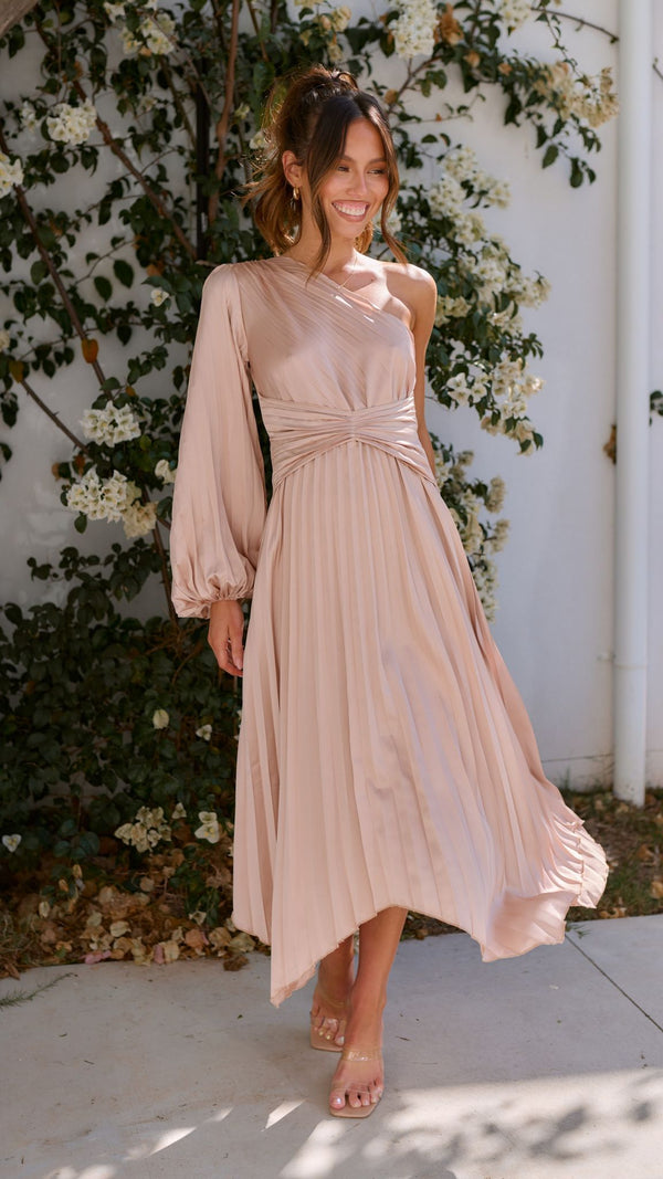 Brooklyn Tek Omuzlu Midi Elbise - Şampanya