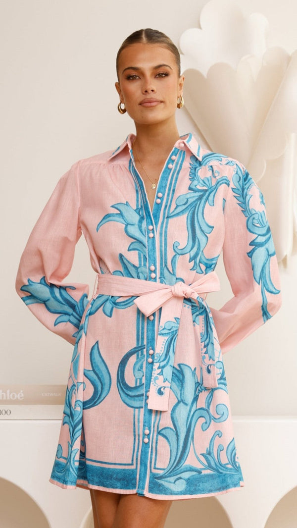 Lucia Uzun Kollu Mini Elbise - Su Yeşili/Pembe Desen