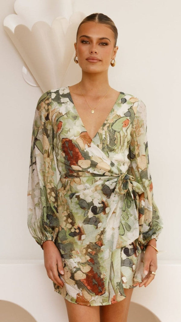 Jemma Uzun Kollu Mini Elbise - Yeşil Soyut