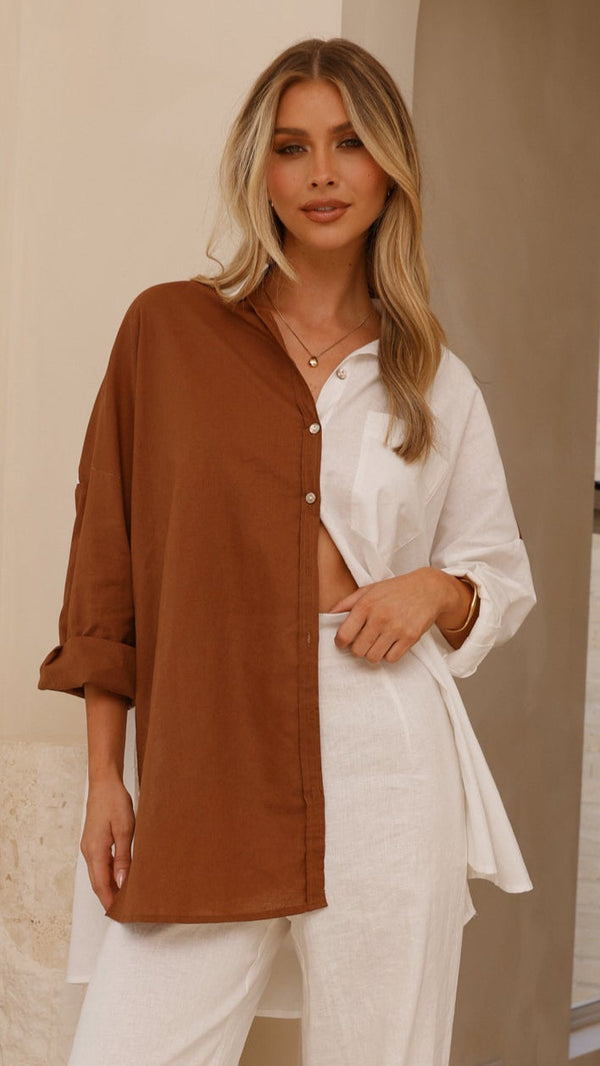 Elouisa Düğmeli Gömlek - Çikolata/Beyaz