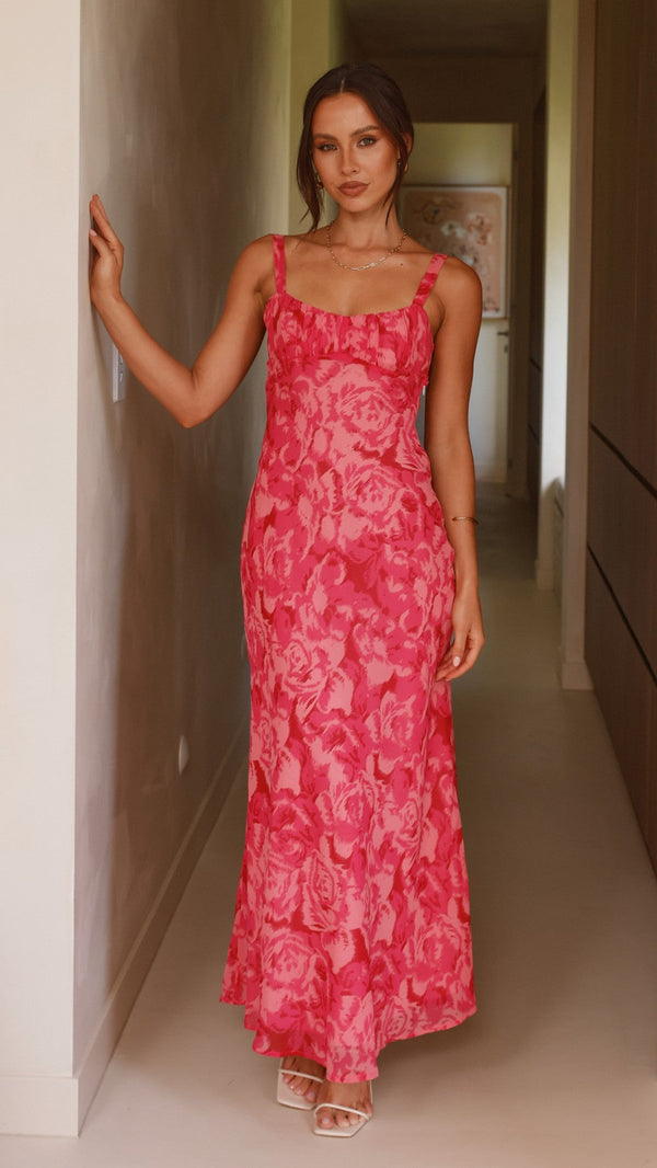 Margo Midi Elbise - Pembe Çiçekli