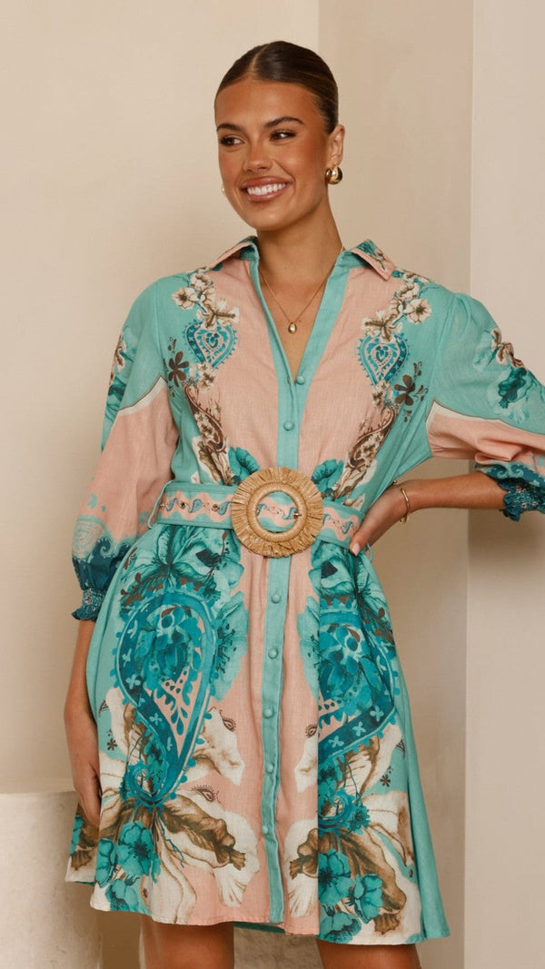 Macy Mini Elbise - Söğüt Desenli