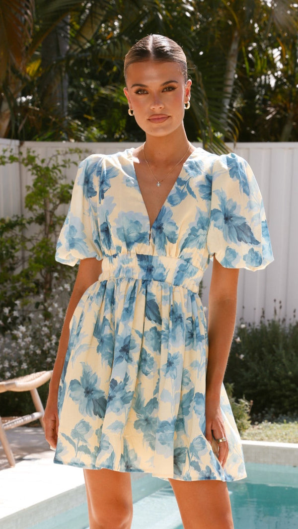 Erin Mini Elbise - Sarı / Mavi Çiçek Desenli