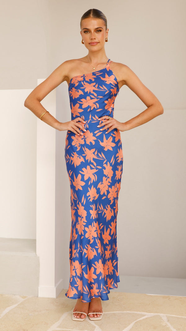Verity Tek Omuzlu Uzun Elbise - Turuncu/Mavi Çiçek Desenli