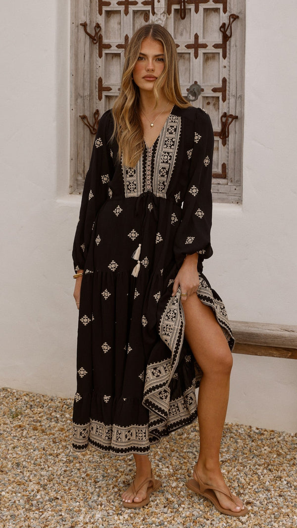 Ellarose Uzun Elbise - Siyah/Bej