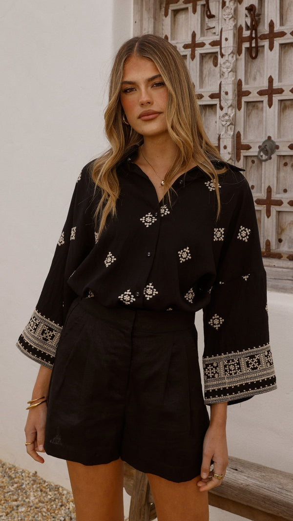 Deni Düğmeli Gömlek - Siyah/Bej