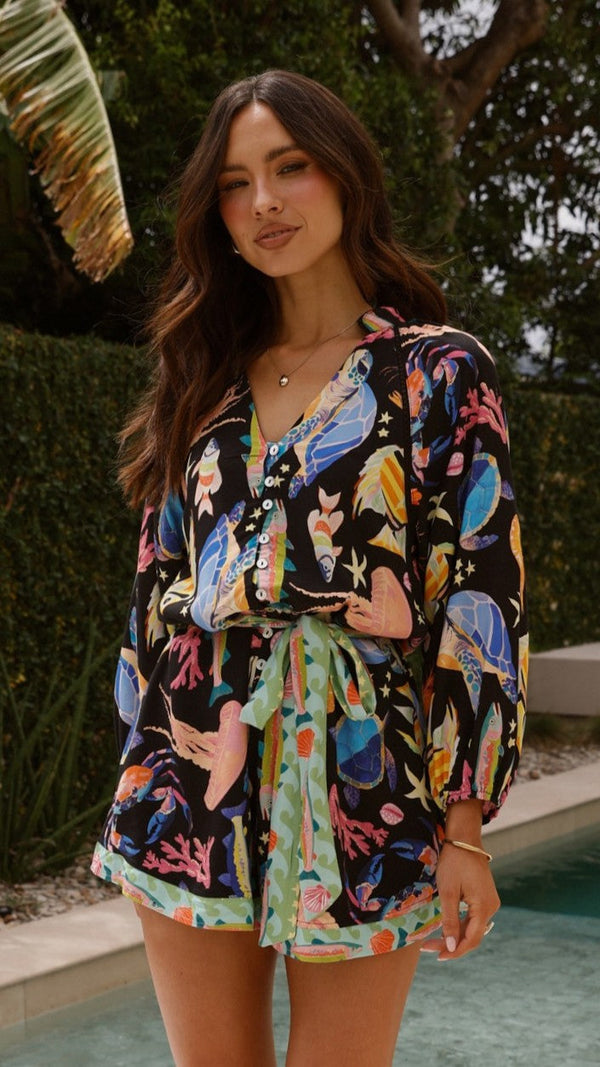 Felicita Bağcıklı Bel Tulumu - Siyah / Çok Renkli Desen