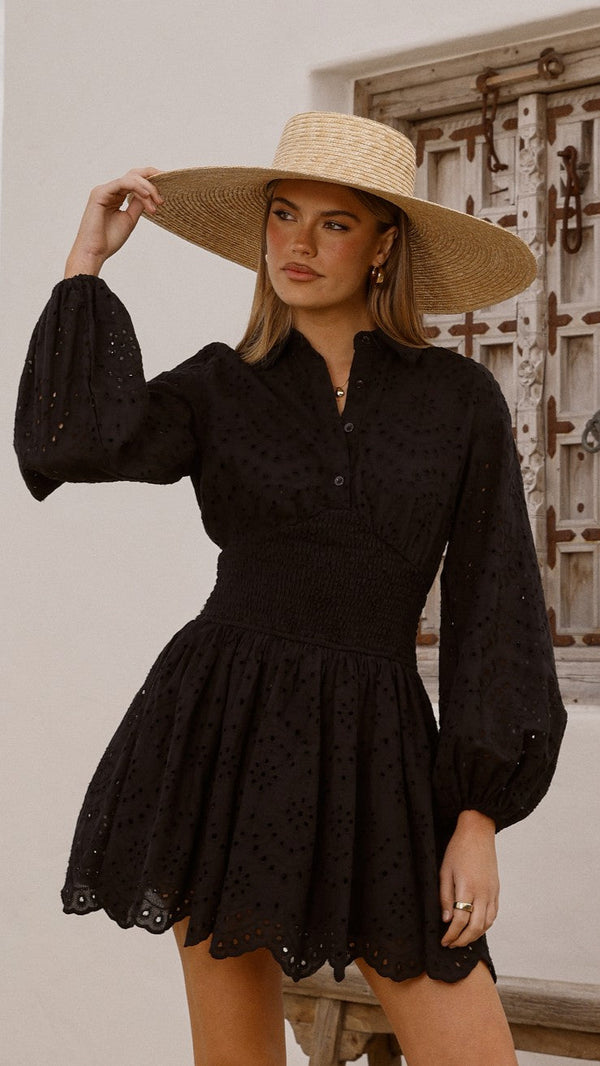 Brittney Uzun Kollu Mini Elbise - Siyah