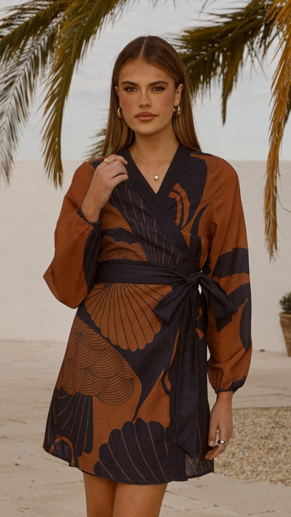 Cassidy Uzun Kollu Mini Elbise - Hindistan Cevizi/Lacivert