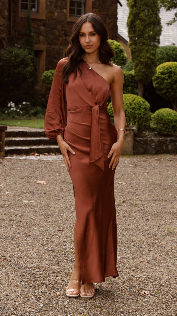 Eden Tek Omuzlu Önden Bağlamalı Uzun Elbise - Pas Rengi