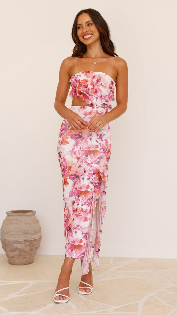 Zinnia Midi Elbise - Pembe/Mor Çiçek Desenli