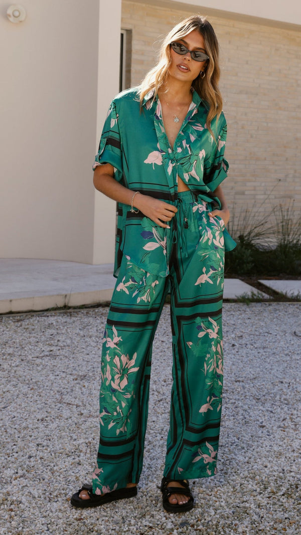 Valene Pantolon - Yeşil/Pembe Desen