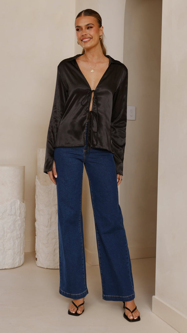Darielle Önden Bağlamalı Uzun Kollu Üst - Siyah
