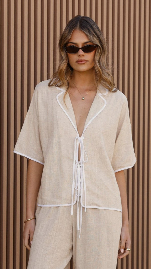 Hartley Kravatlı Gömlek - Bej / Beyaz