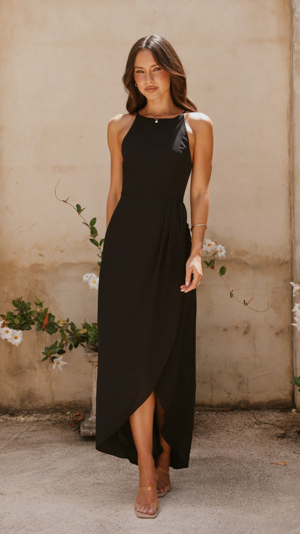 Genevieve Tekne Yaka Uzun Elbise - Siyah