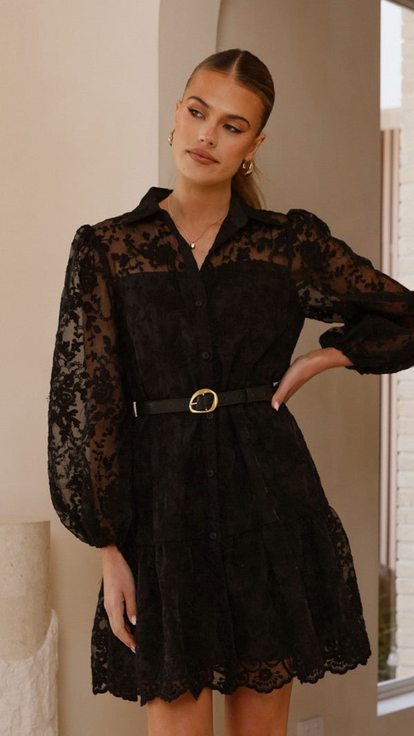 Akasya Dantel Mini Elbise - Siyah