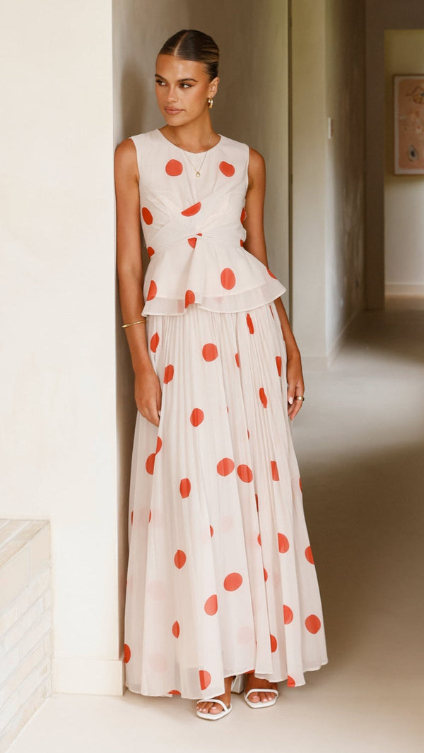 Cambree Peplum Üst Ve Uzun Etek Takımı - Bej / Kırmızı Puantiyeli