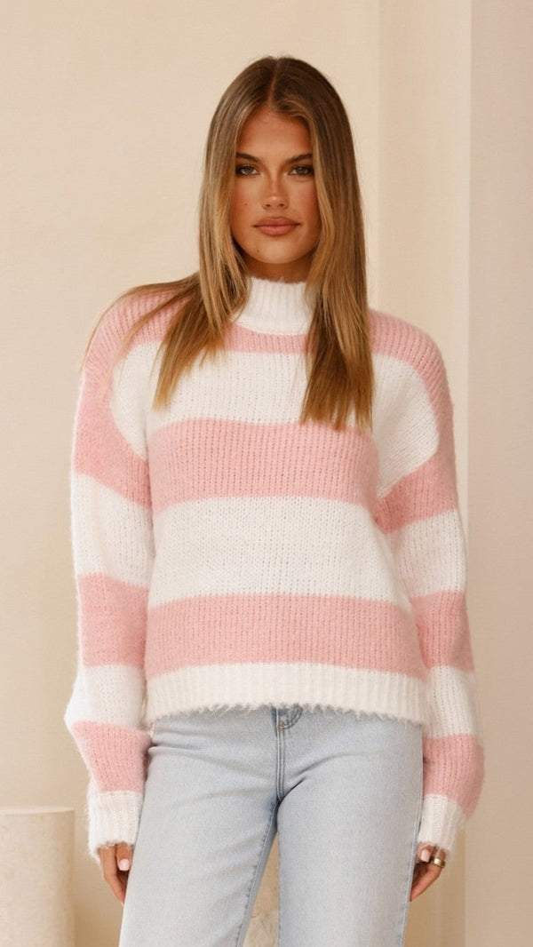 Dante Örme Kazak - Beyaz / Pembe Çizgili