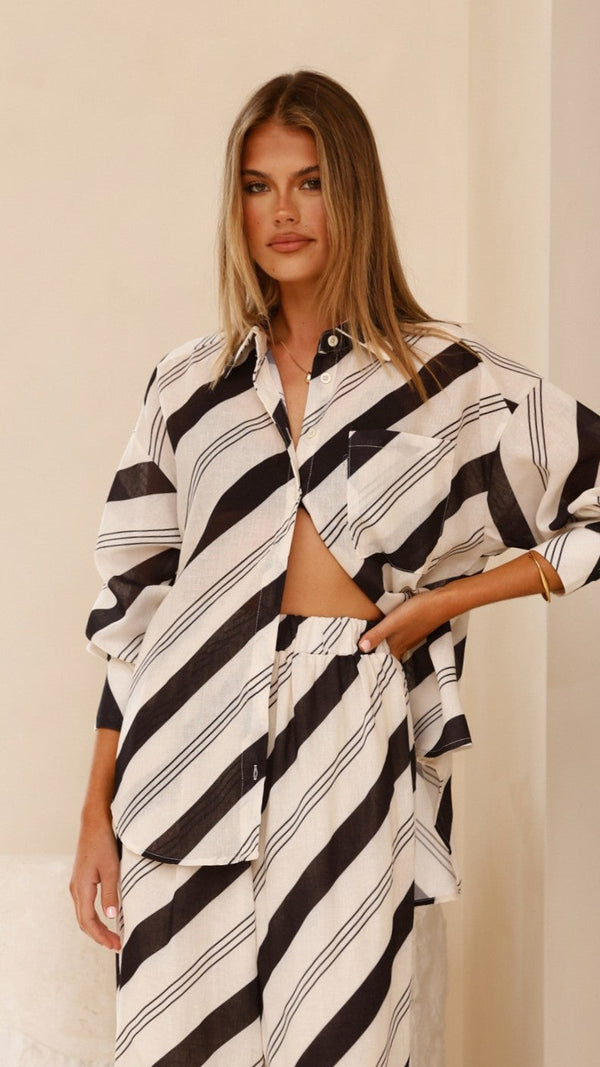 Torrey Düğmeli Uzun Kollu Gömlek - Siyah/Krem