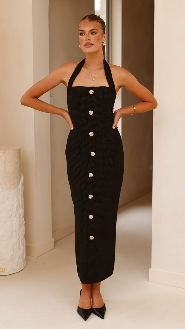 Tierra Düğmeli Midi Elbise - Siyah