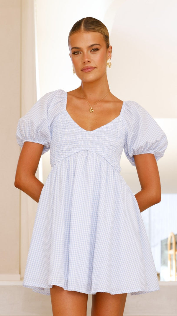 Sahirah Mini Elbise - Mavi / Beyaz Gingham