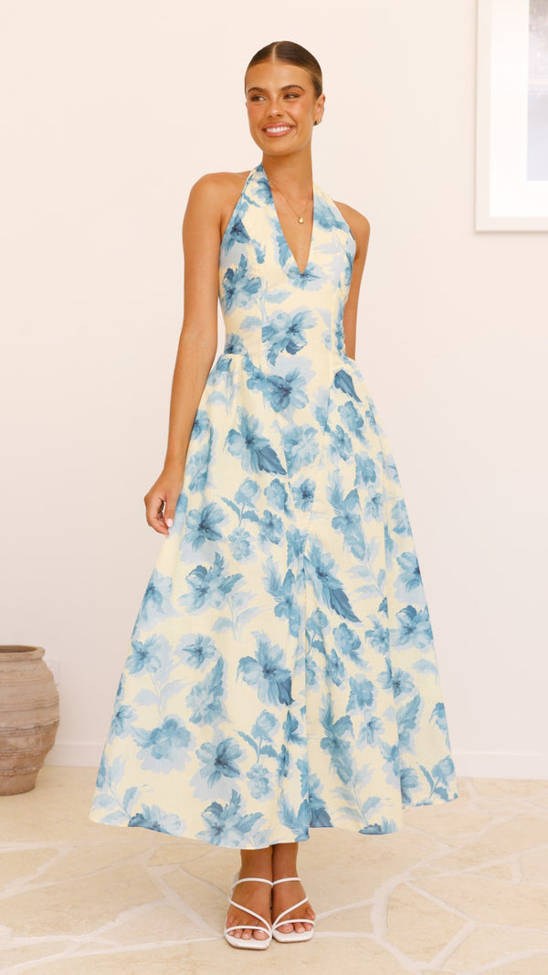 Bryony Halter Yaka Uzun Elbise - Sarı/Mavi Çiçek Desenli
