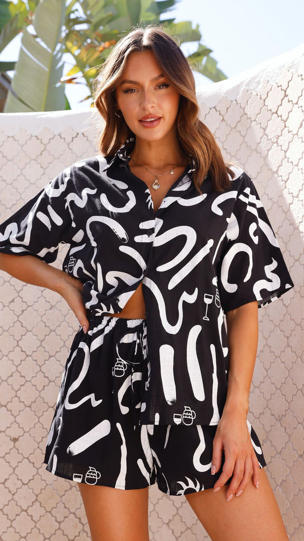 Charli Düğmeli Gömlek Ve Şort Takımı - Siyah/Beyaz