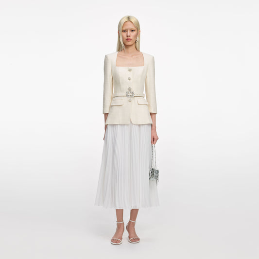 Krem Bukle Uzun Kollu Şifon Midi Elbise