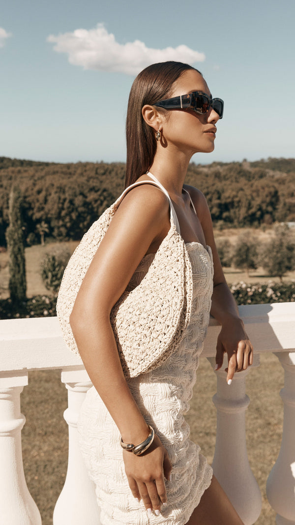 Jasmine Omuz Çantası - Doğal Rafya-Beyaz