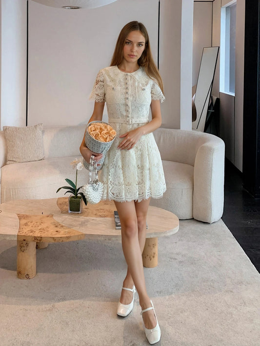 Kırık Beyaz Dantel Elbise