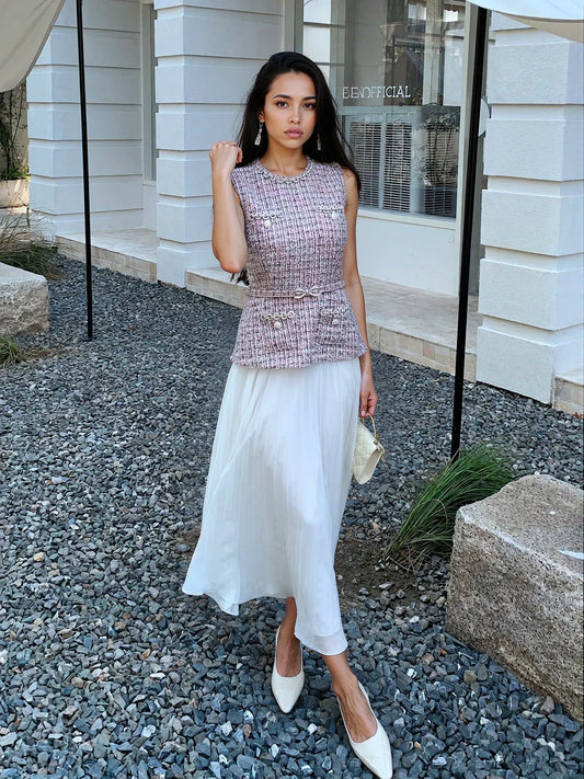 Pembe-Beyaz Tüvit Şifon Elbise