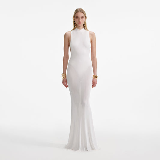 Beyaz Racer Back Viskon Örgü Uzun Elbise