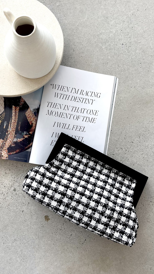 Zoey Boucle Ahşap Çerçeve Çanta - Siyah/Beyaz