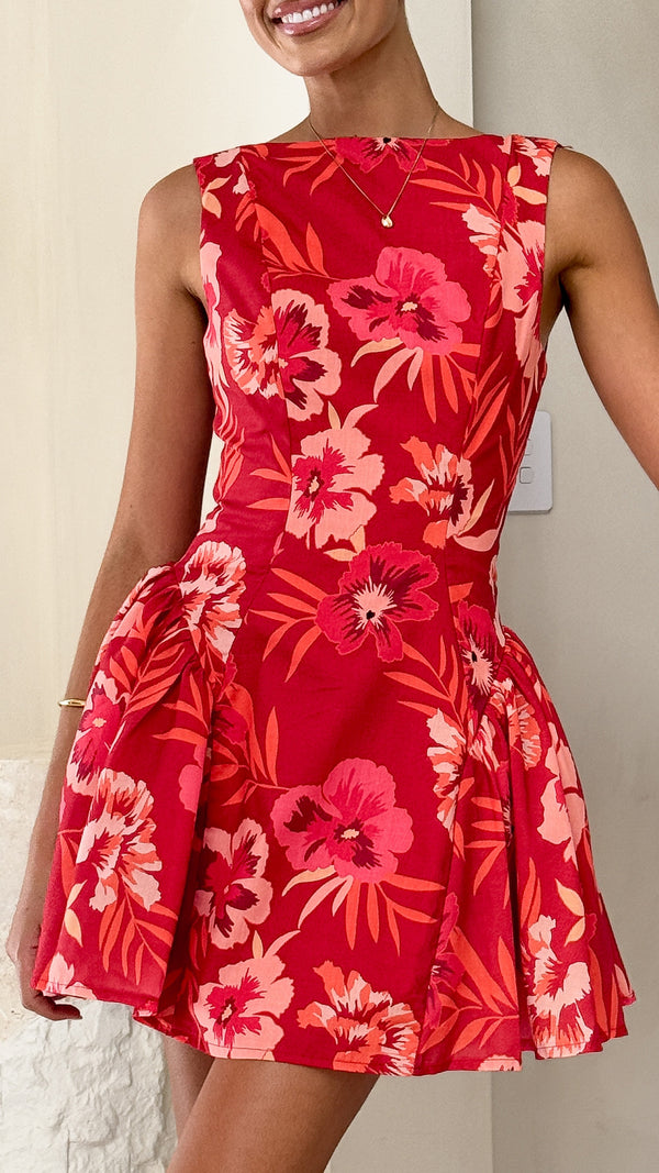 Canika Mini Elbise - Kırmızı Çiçek Desenli