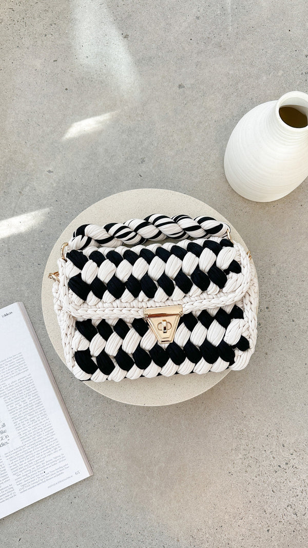 Annabel Kalın Örgülü El Çantası - Krem/Siyah