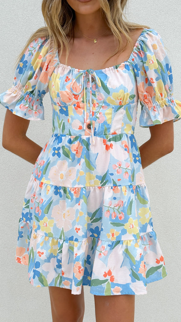 Eve Mini Elbise - Mavi Yaz