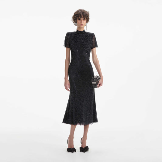 Siyah Elmas File Midi Elbise