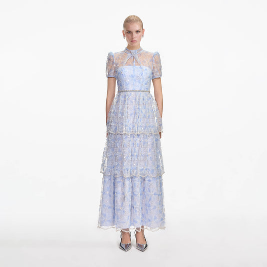 Mavi Boncuklu Pullu Dantel Uzun Elbise